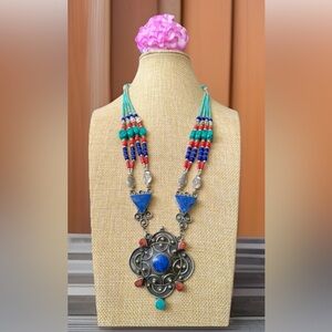 Vintage & Handcrafted Ethnic Tribal Multi Strand Silver Necklace & Stones 164gm